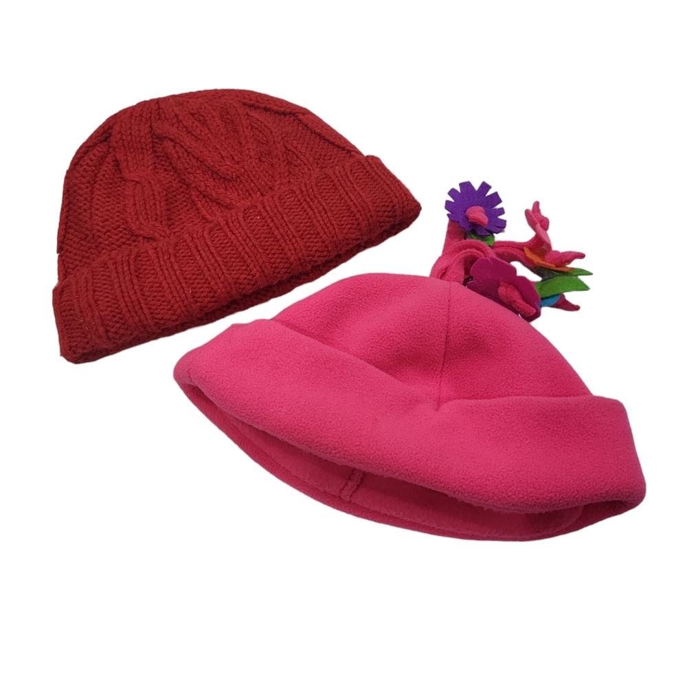 EUC Girl's fleece winter hat bundle, 4T/5T, red and pink
